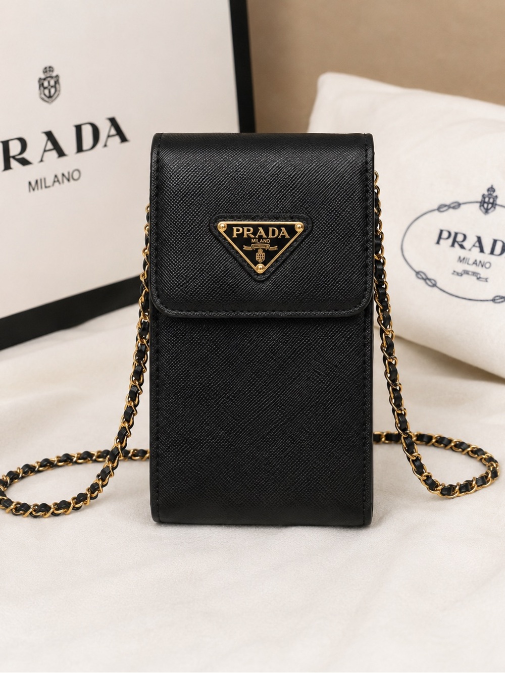 Prada Black Saffiano Leather Mini Chain Crossbody
